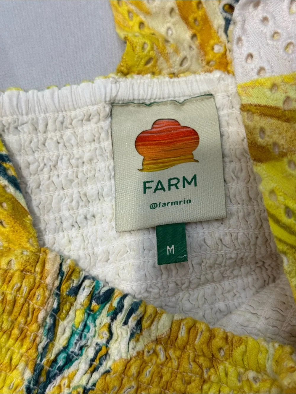 FARM Rio Azalea Yellow Floral Eyelet Smocked Peplum Top M
